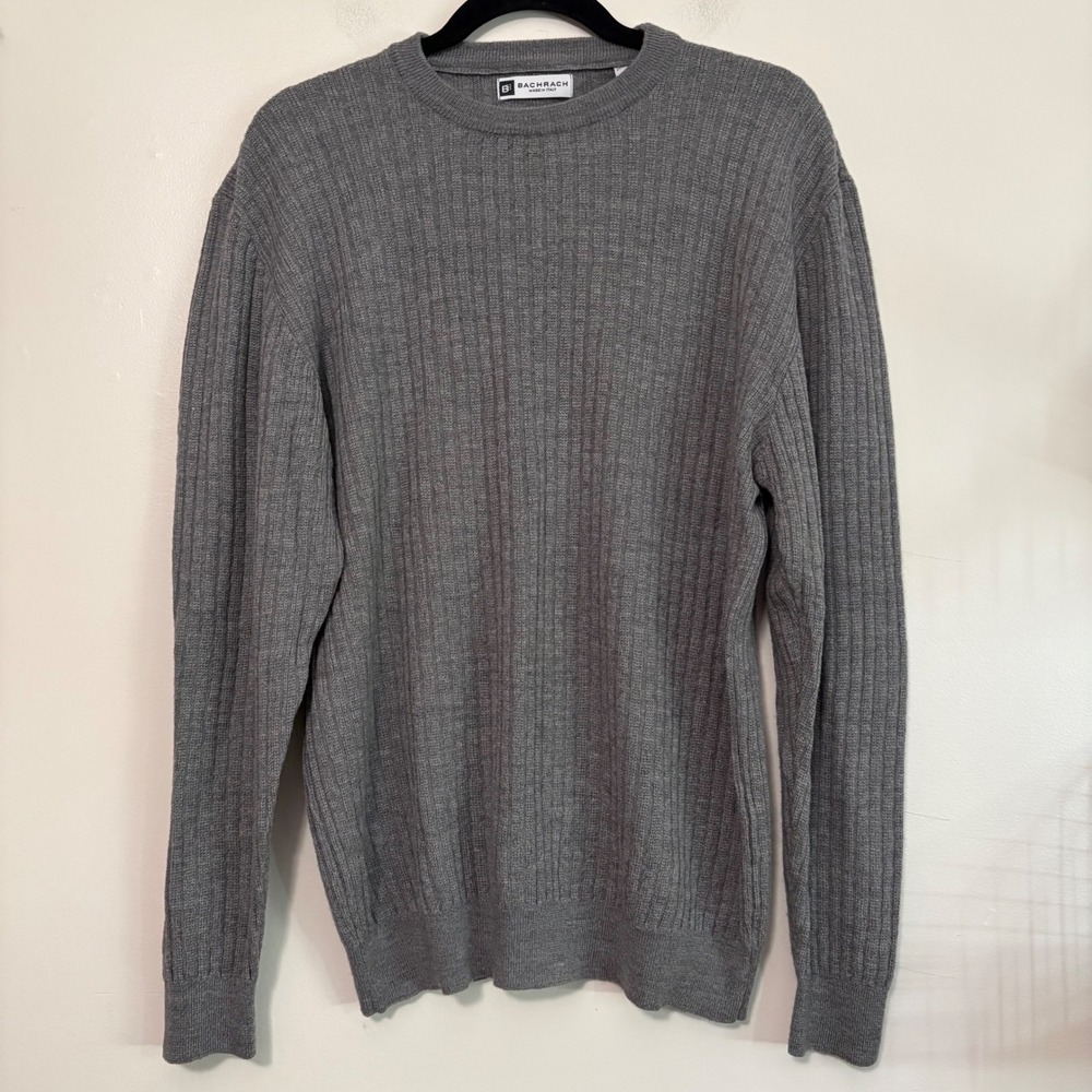 Bachrach Mens Fine Merino Wool Ribbed Crewneck Sweater Gray XL Made in Italy
